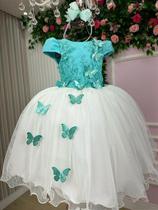 Vestido Infantil Daminha Midi Florista Jardim Encantado Verde e Off - Tecido Renda e Tule
