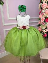 Vestido Infantil Daminha Midi Florista Jardim Encantado Verde e Off - Tecido Renda, Tule e Tecnossport