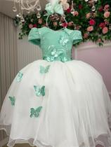 Vestido Infantil Daminha Midi Florista Jardim Encantado Verde Oliva e Off - Confeccionado em Tecido Misto