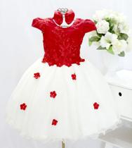 Vestido Infantil Daminha Vermelho E Creme Flor E Tiara