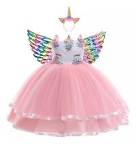 Vestido Infantil de Festa Aniversário Temático Fantasia de Unicórnio Rosa Colorido Luxo + Asa e Tiara Vestido Infantil de Festa Aniversário Temático Fantasia de Unicórnio Rosa Colorido Luxo + Asa e Tiara