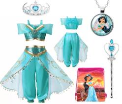 Vestido Infantil De Festa Jasmine Aladim Coroa Varinha Colar e Sacolinha - Disney
