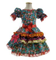 Vestido Infantil de Festa Junina Luxo pra Menina Florido Rodado Com Armação Embutida na Saia e Bolsinha
