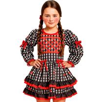 Vestido Infantil de Festa Junina pra Menina Xadrez Preto Manga Longa e Coração Vermelho Vestido Infantil de Festa Junina pra Menina Xadrez Preto Manga Longa e Coração Vermelho