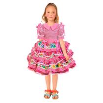 Vestido Infantil de Festa Junina Rosa Xadrez de e Alta Costura Saia Enorme Rodada Para Meninas Rainha Caipira de 2 a 10 anos