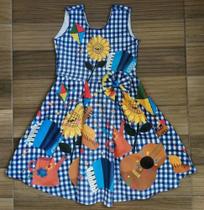 Vestido Infantil De Festa Junina Xadrez Azul Tecido Neoprene Violão e Margarida