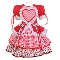 Vestido Infantil de Festa Junina Xadrez Vermelho Super Luxo Com Saia Enorme e Rodada para Meninas Caipira 02 a 10 anos