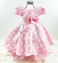 Vestido Infantil de Festa Luxo Princesa Minnie Rosa com Bolas Brancas