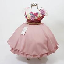 Vestido infantil de festa rosa com busto florido e cinto strass (tam 1 ao 3) cod.000150