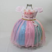 Vestido infantil de festa temático de unicórnio colorido com glitter (tam 1 ao 4) cod.000112