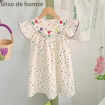 Vestido Infantil de Princesa com Bolinhas - Bordado Coreano - Manga Voadora (2 a 7 anos)