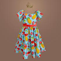 Vestido Infantil Desenhando Frutas Estampa Divertida e Colorida para Passeios Vestido Infantil Desenhando Frutas Estampa Divertida e Colorida para Passeios