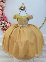 Vestido Infantil Dourado C/ Renda Realeza e Pérolas Damas Luxo Festa 1295DR
