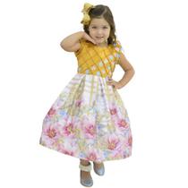 Vestido infantil Dourado com Saia Floral Luxuoso
