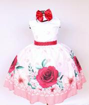 Vestido Infantil E Juvenil Floral Rosas Vermelhas Com Tiara Vestido Infantil E Juvenil Floral Rosas Vermelhas Com Tiara