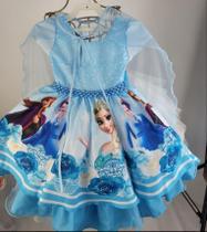 Vestido Infantil Elsa Frozen Com Tiara E Capa Luxo
