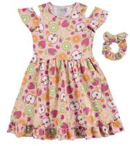 Vestido infantil em cotton com abertura nas mangas, estampa frutal. 42671 Vestido infantil em cotton com abertura nas mangas, estampa frutal. 42671