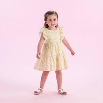 Vestido Infantil Em Linho Amarelo Com Flores Petit Cherie