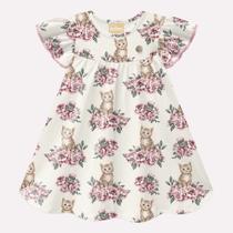 Vestido Infantil Estampa Gatinha e Flores, 95% Algodão, Milon, cor branco, Fresquinho Vestido Infantil Estampa Gatinha e Flores, 95% Algodão, Milon, cor branco, Fresquinho