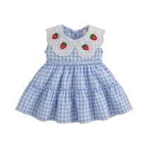 Vestido Infantil Estilo Coreano Com Bordado De Morango Vermelho, Vestido Xadrez Sem Mangas Para