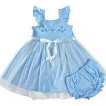Vestido infantil fantasia azul cinderela com tule glitter bordado e cobre fraldas azul - Espevitados