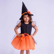Vestido Infantil Fantasia Halloween Bruxa Abóbora Com Chapéu Muvile