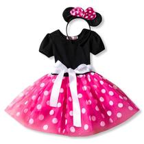 Vestido Infantil Fantasia Halloween Carnaval de Minnie Rosa e Vermelho com Tiara