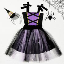 Vestido Infantil Fantasia Menina Halloween Bruxa Tiara Vestido Infantil Fantasia Menina Halloween Bruxa Tiara