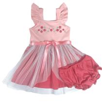 Vestido infantil fantasia rosa e malva princesa com tule e cobre fraldas malva