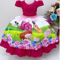 Vestido infantil fazendinha pink floral c/ pérolas e strass
