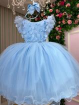 Vestido Infantil Festa Azul Bebê Jardim Encantado - Tecido Tafetá Vestido Infantil Festa Azul Bebê Jardim Encantado - Tecido Tafetá