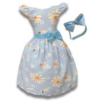 Vestido Infantil Festa Floral Azul E Margaridas C/tule Tiara Vestido Infantil Festa Floral Azul E Margaridas C/tule Tiara