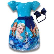 Vestido Infantil Festa Frozen Azul C/tule Festa Luxo