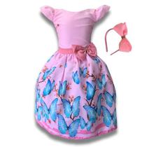 Vestido Infantil Festa Jardim De Borboleta Azul C/tule Tiara