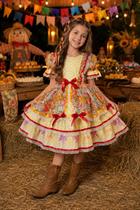 Vestido Infantil Festa Junina Amarelo Babados Laços Junino Caipira Quadrilha Sinhá Rodado Luxo
