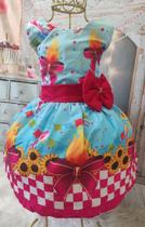 vestido infantil festa junina caipira azul com laço vermelho