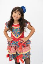 Vestido Infantil Festa Junina Florido Vermelho Xadrez + Arco