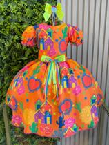 Vestido Infantil Festa Junina Laranja Coral Estampa Coração Junino Caipira Quadrilha Sinhá São João