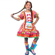 Vestido Infantil Festa Junina Luxo Floral Rodado Roupa Caipira pra Menina Com Mini Chapeu de Palha