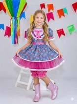 Vestido Infantil Festa Junina Rosa Pink Azul Florido Laços Junino Caipira Quadrilha Sinhá Rodado