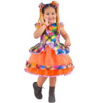 Vestido infantil Festa Junina Xadrez Tule Laranja Tom Neon - Moderna Meninas