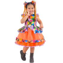 Vestido infantil Festa Junina Xadrez Tule Laranja Tom Neon