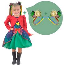 Vestido infantil Festa Junina Xadrez Tule Verde + Bolero + 2 laços