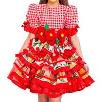Vestido Infantil Festa Junina Xadrez Vermelho Super Luxo Saia Enorme Rodada de Quadrilha pra Meninas de 2 a 10 Anos