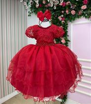Vestido Infantil Festa Luxo Babados Vermelho Lavínia - Tecido Misto com Forro Vestido Infantil Festa Luxo Babados Vermelho Lavínia - Tecido Misto com Forro