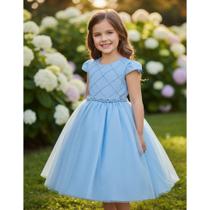 Vestido Infantil Festa Luxo Manga Curta Pérolas Strass Tule