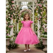 Vestido Infantil Festa Luxo Manga Curta Pérolas Strass Tule