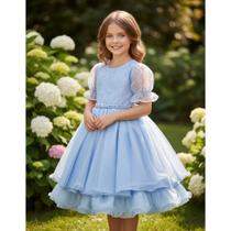 Vestido Infantil Festa Luxo Manga Curta Renda Pérolas Tule