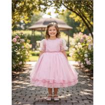 Vestido Infantil Festa Luxo Manga Curta Renda Pérolas Tule Vestido Infantil Festa Luxo Manga Curta Renda Pérolas Tule