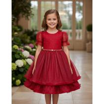 Vestido Infantil Festa Luxo Manga Curta Renda Pérolas Tule